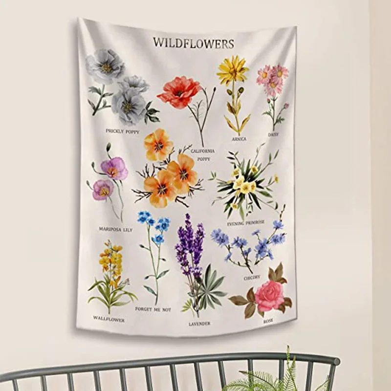 

Hot Botanical Wildflower Tapestry Wall Hanging Flower Reference Chart Bohemian Tapestries Colorful Ins Home Decor 150X200cm