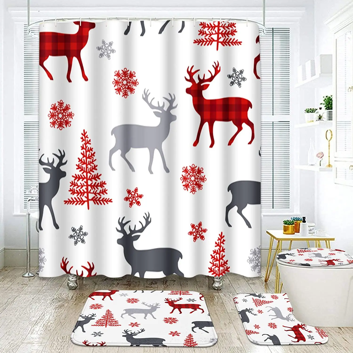 

Набор занавесок для душа с рождественским рисунком оленя, дерева, снега, чехол на ковер, чехол для унитаза, коврик для ванной, наволочка, зана...