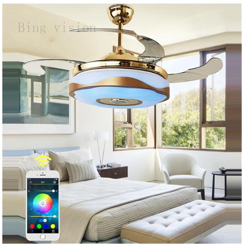 Ventilador de techo con doble anillo de luz led y Bluetooth, lámpara de música con Control remoto para la habitación del chico y restaurante