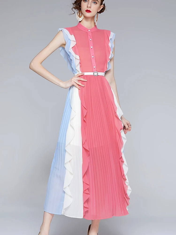 

Designer Runway Color Block Sexy Ruffles Maxi Long Casual Dress Sleeveless Boho Chic Party Vestidos