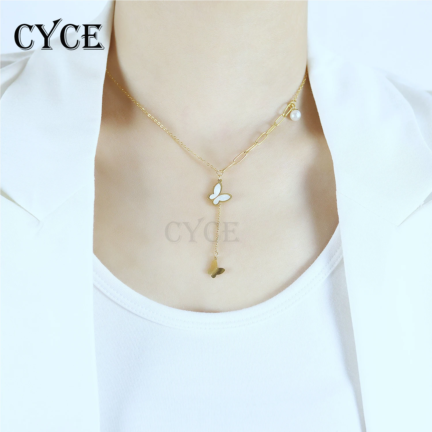 

CYCE 2021 New Stereo Butterfly Pendant Stainless Steel Necklaces For Women Men Jewelry Pearl Splicing Chains Hip-hop Accessories