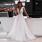 Элегантное кружевное свадебное платье, с длинными рукавами, аппликациями, V-образным вырезом, пляжное платье-трапеция из тюля белого цвета и слоновой кости, простое свадебное платье