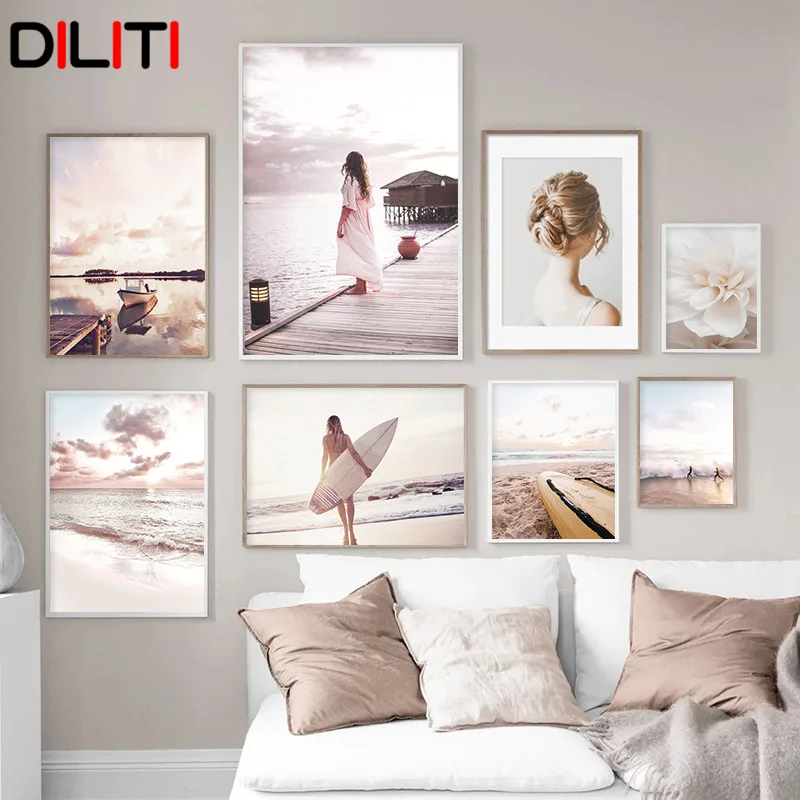 

Sunset Sea Beach Landscape Canvas Painting Surfing Girl Wall Art Nordic Posters and Prints Picture for Living Room Home Decor