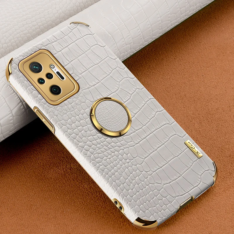 Luxury Ring Holder Shockproof Phone Case For Xiaomi Redmi Note 10 Pro MAX Note 10s Plating Crocodile Texture Leather Back Cover