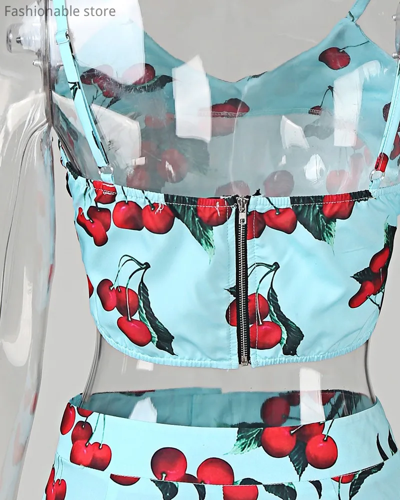 

Ladies Sleeveless Printed Summer Suits V Neck Print Spaghetti Strap Cropped Top & Shorts Sets Sexy Women 2pcs Set