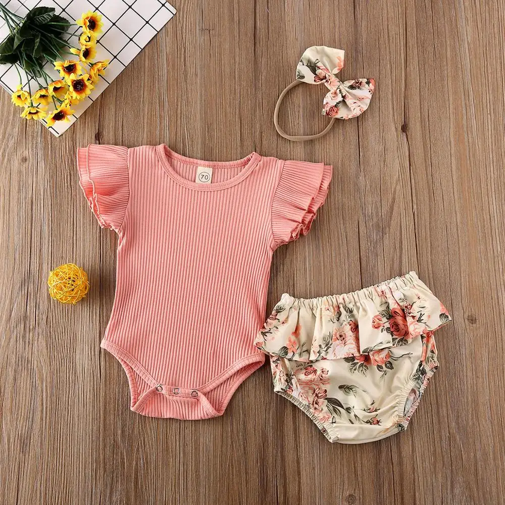 Летняя одежда для младенцев 0-24 месяцев боди с резинкой и оборками новорожденных
