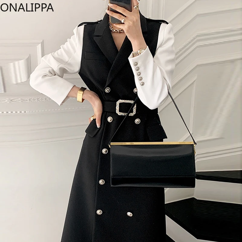 

Женское элегантное платье-блейзер ONALIPPA во французском стиле, длинное двубортное платье-двойка с лацканами и контрастной строчкой