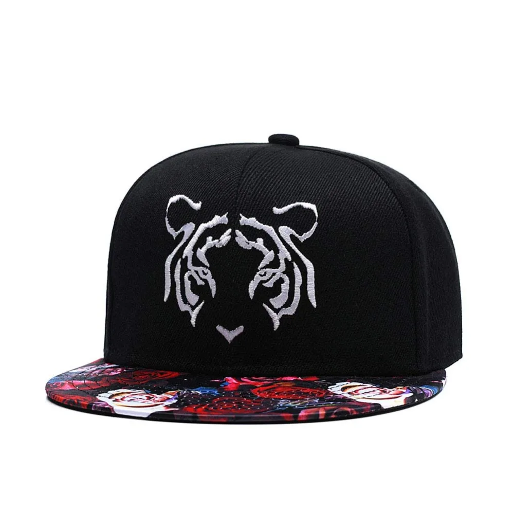Snapback Кепка с тигром, кепка для мужчин и женщин, регулируемая плоская кепка с цветочным принтом в виде Розы, спортивная летняя Молодежная бейсболка в стиле хип-хоп, Черная