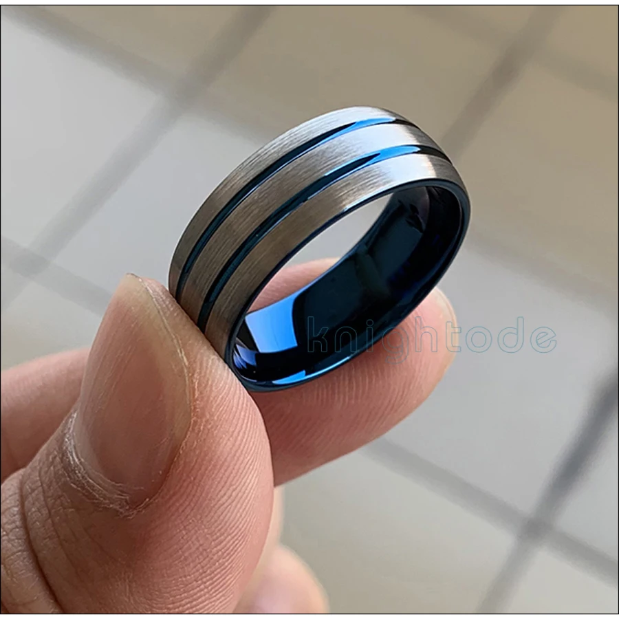8mm Blue Plated Two Line Grooved Tungsten Carbide Wedding Band Personality Lovers Rings Jewelry Gift Domed Brushed Comfort Fit | Украшения