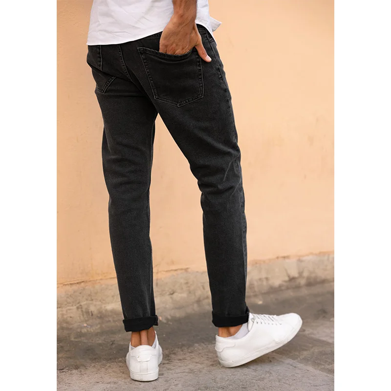 Мужские облегающие джинсы KUEGOU черные однотонные джинсовые брюки-стрейч модель