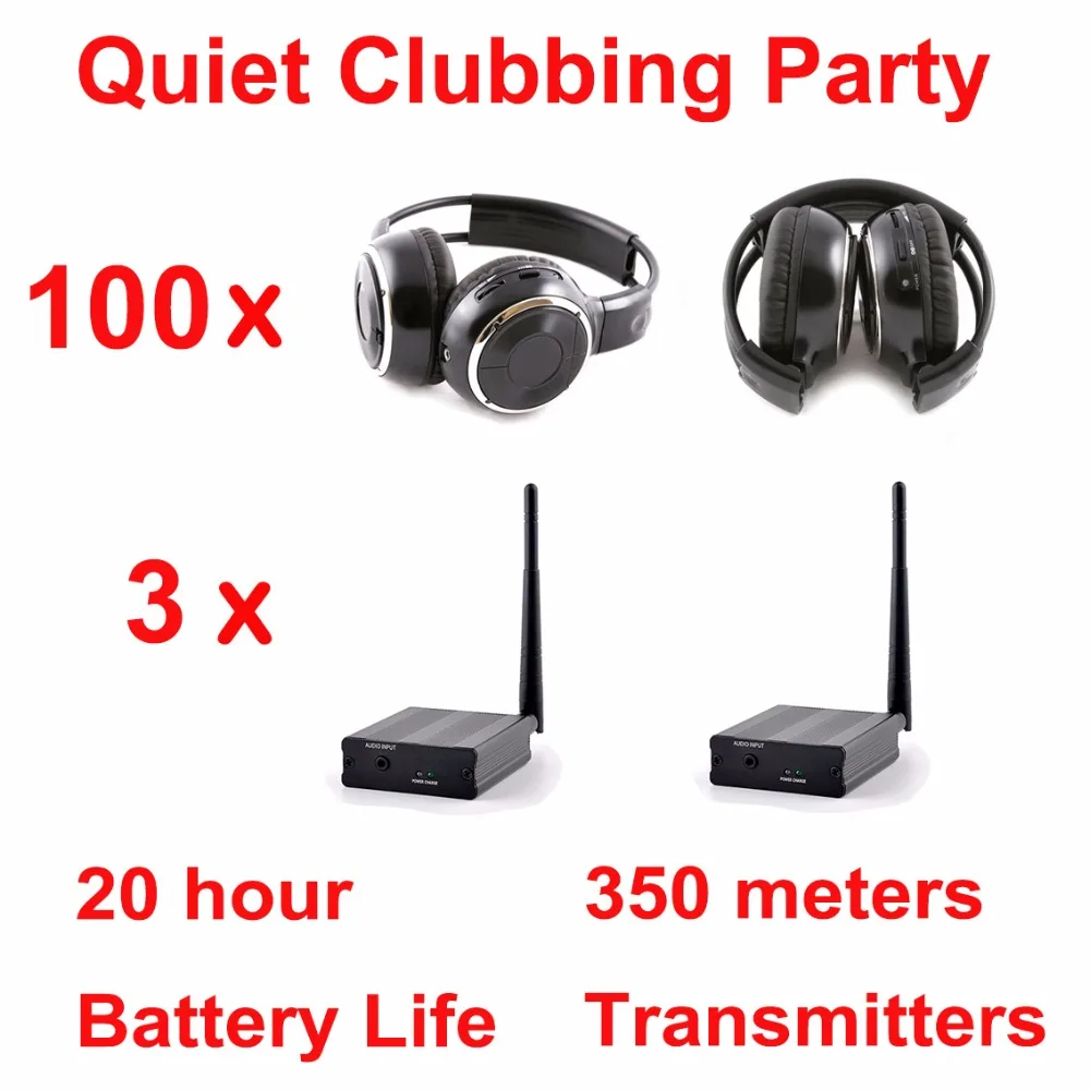 

High Grade RF Silent Disco Wireless Headphones - Quiet Clubbing Party Package with (100 Foldable Receivers+ 3 Transmitters)