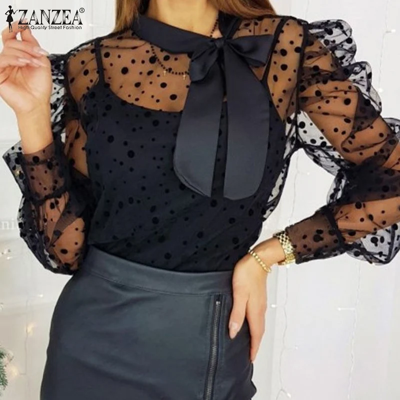 

Womens Fashion 2 Pieces Tops ZANZEA Lace Polka Dot Blouse 2021 Summer See Through Tunic Office Lady Bow Patchwork Blusa Feminina