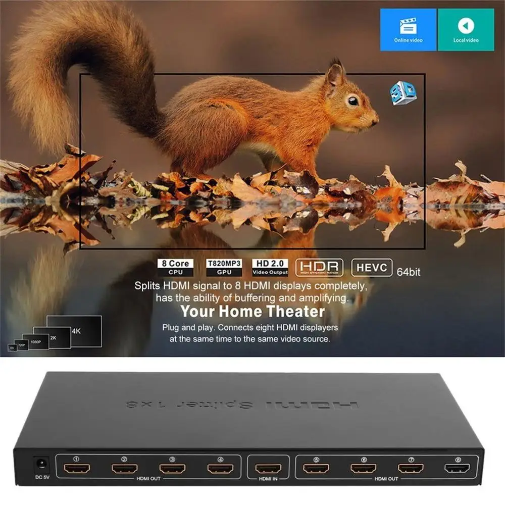 8 Port HDMI Video Splitter Audio Amplifier 3D Full HD 1080p 1 In to Out Hub Box Switcher For HDTV Projector PC Monitor | Обустройство