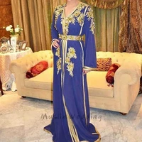 fitted morrocan royal blue evening dress with gold lace elegant full length long prom dress with beaded long sleeve formal dress