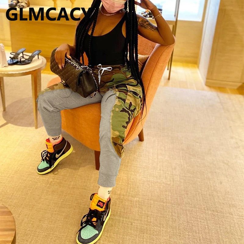 

Women Casual Camo Patchwork Pants Drawstring Jogger Pants Trousers