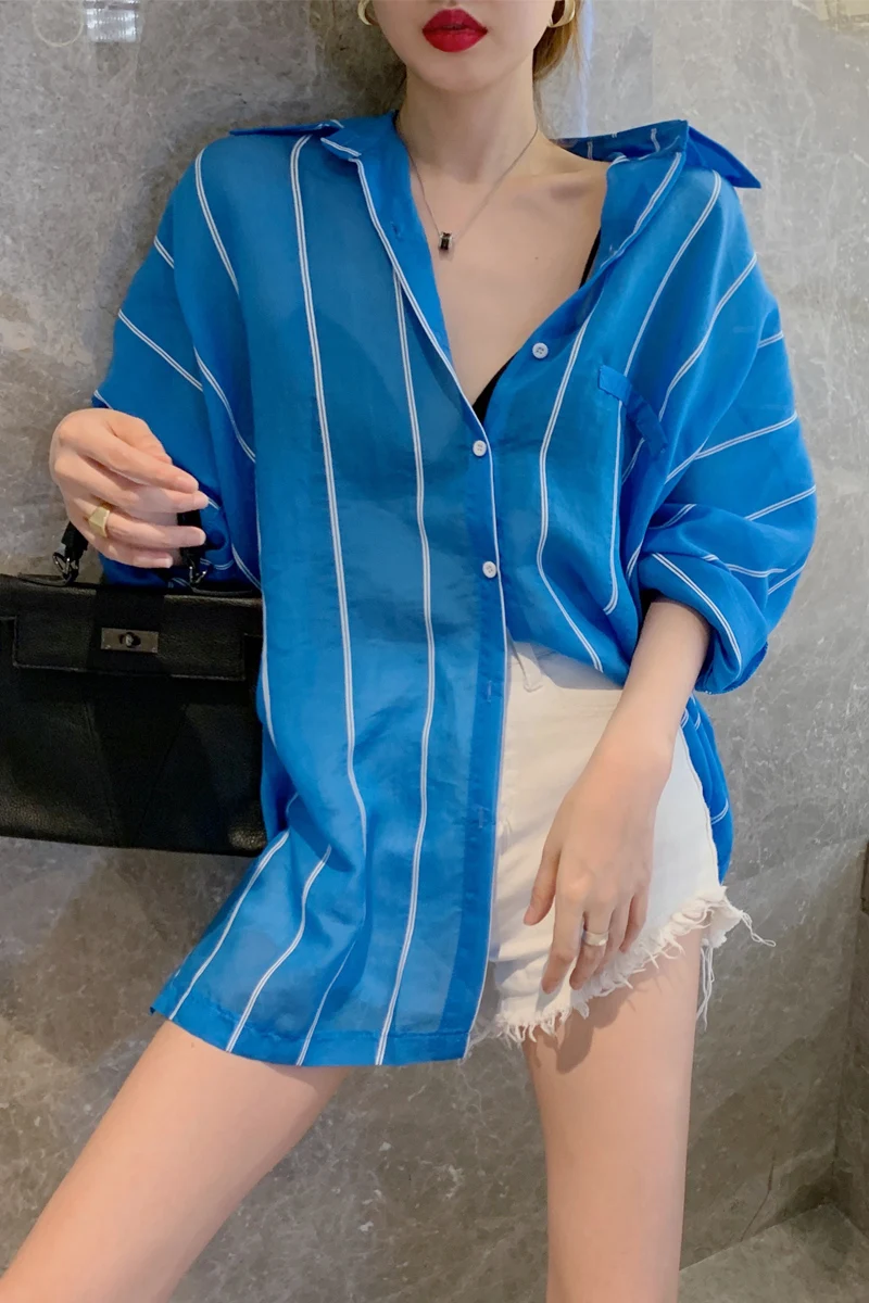 

COIGARSAM Full Sleeve Shirt Womens tops Summer Loose Women shirts Blue 0613