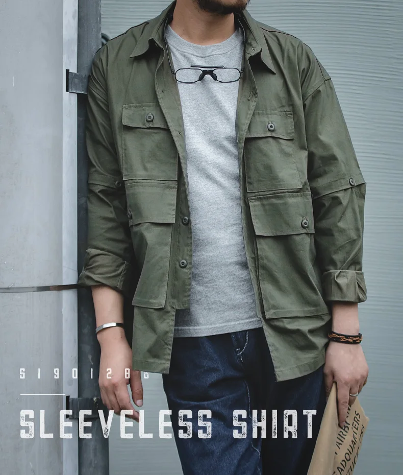 Maden Men's Retro Army Green Detachable Sleeve Shirt Vintage Big Pocket Shirt Men