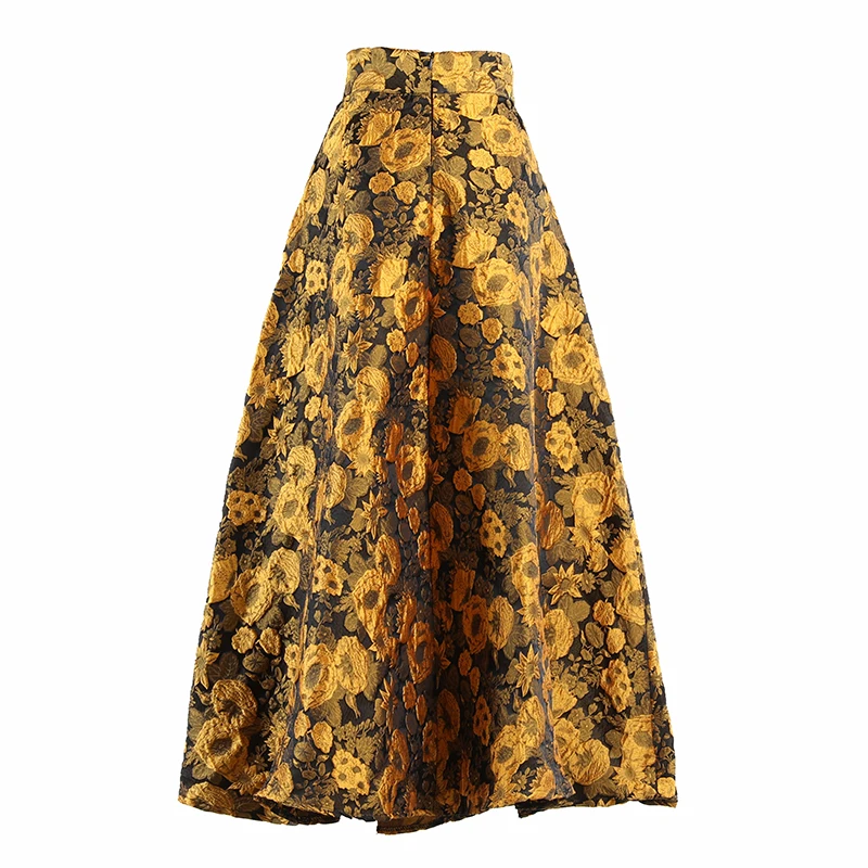 

2020 Autumn Winter new High waist flower Jacquard skirt a-line wild waist female Flared Long skirt