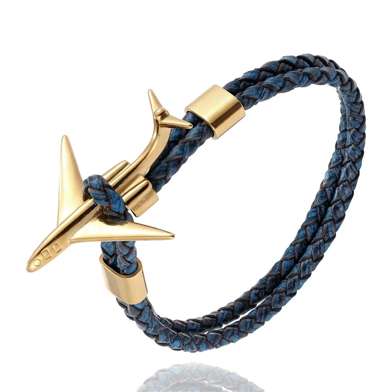 Gold Blue MKENDN, модный ретро кожаный браслет, нержавеющая сталь, самолет, якорь, браслеты для мужчин и женщин, Летний стиль, обёрточная бумага, металлический спортивный крючок - Metal Color: Gold Blue