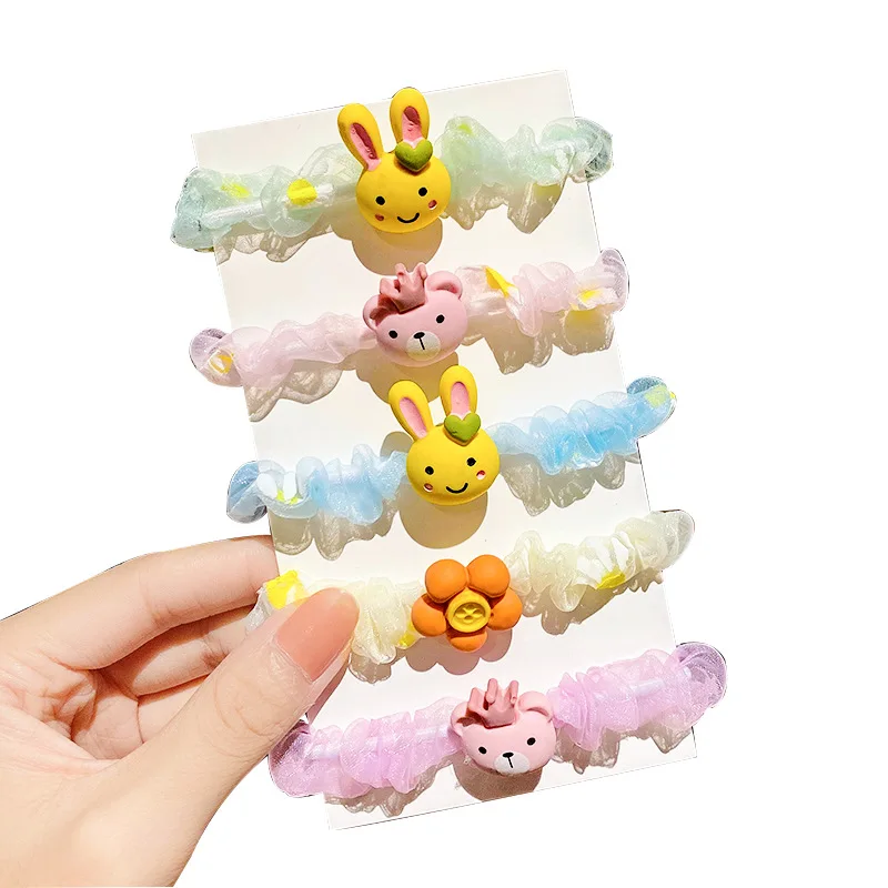 

5pcs Animal Flower Net Yarn Rubber Elastic Hair Bands for Girls Cartoon Ponytail Holder Scrunchies Hair Ornaments Accessories