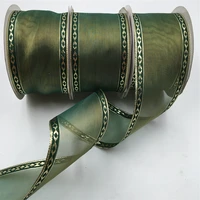 25yards 63mm wired edge green organza metallic ribbon white gold for birthday chirstmas decoration gift diy wrapping 2 12n2087