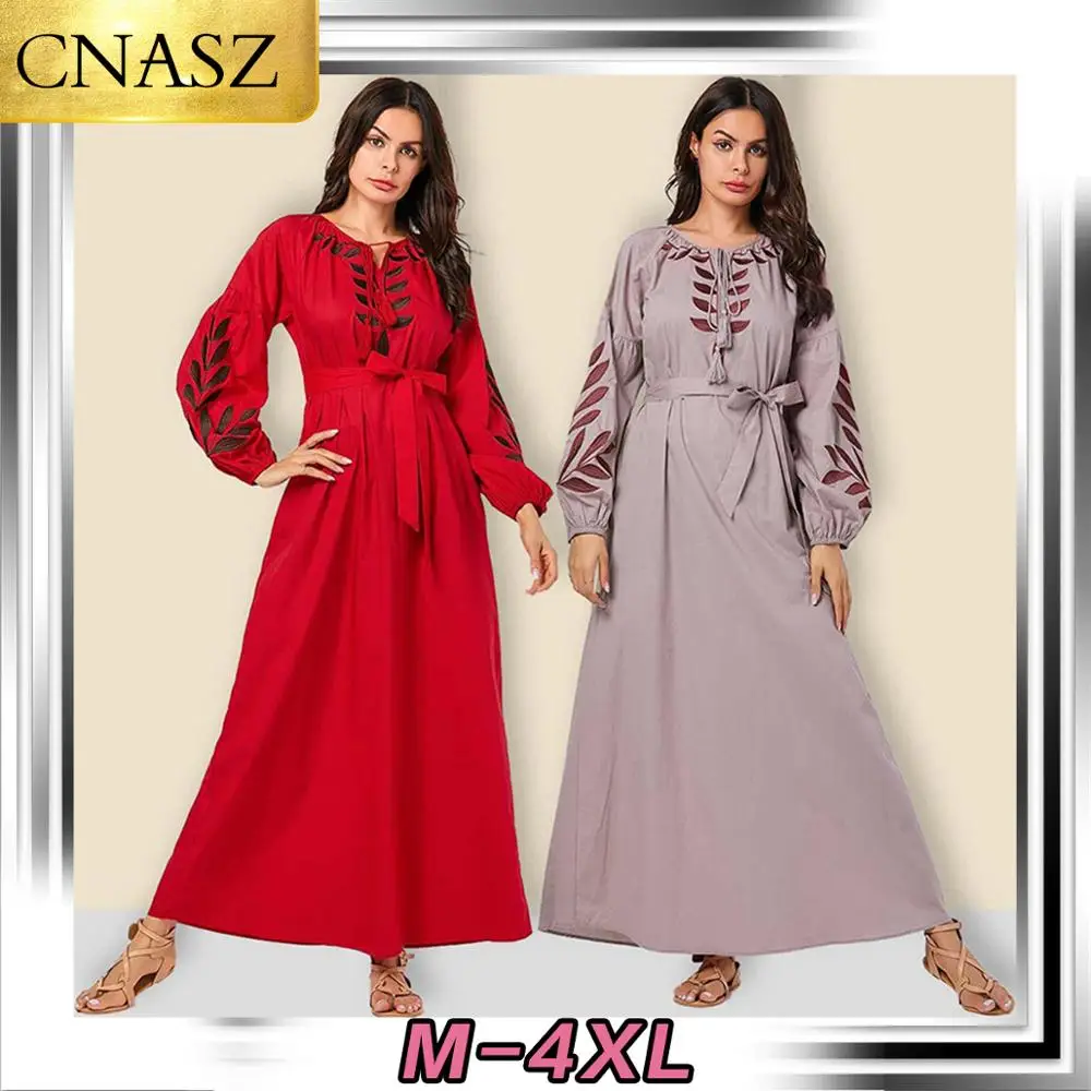 Мусульманская Мода размера плюс для женщин Дубай с вышивкой и буфами на рукавах