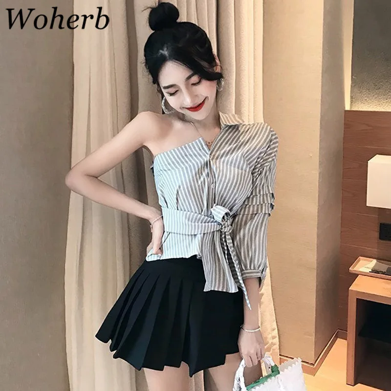Woherb 2021 блузка с открытыми плечами Женская пикантная Асимметричная полосатая