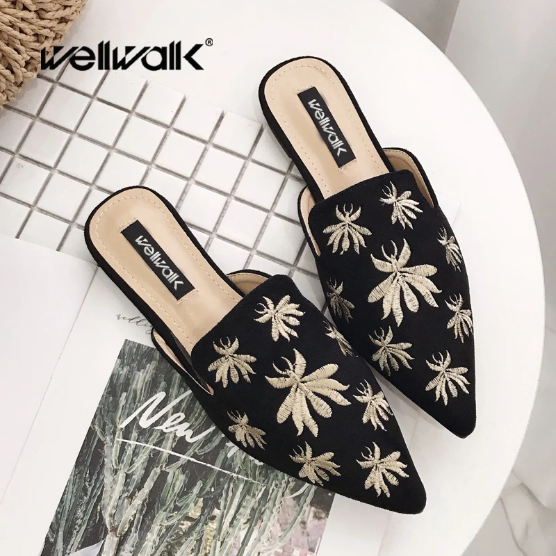 Женские туфли без задника с вышитыми пчелками Шлепанцы на плоской подошве