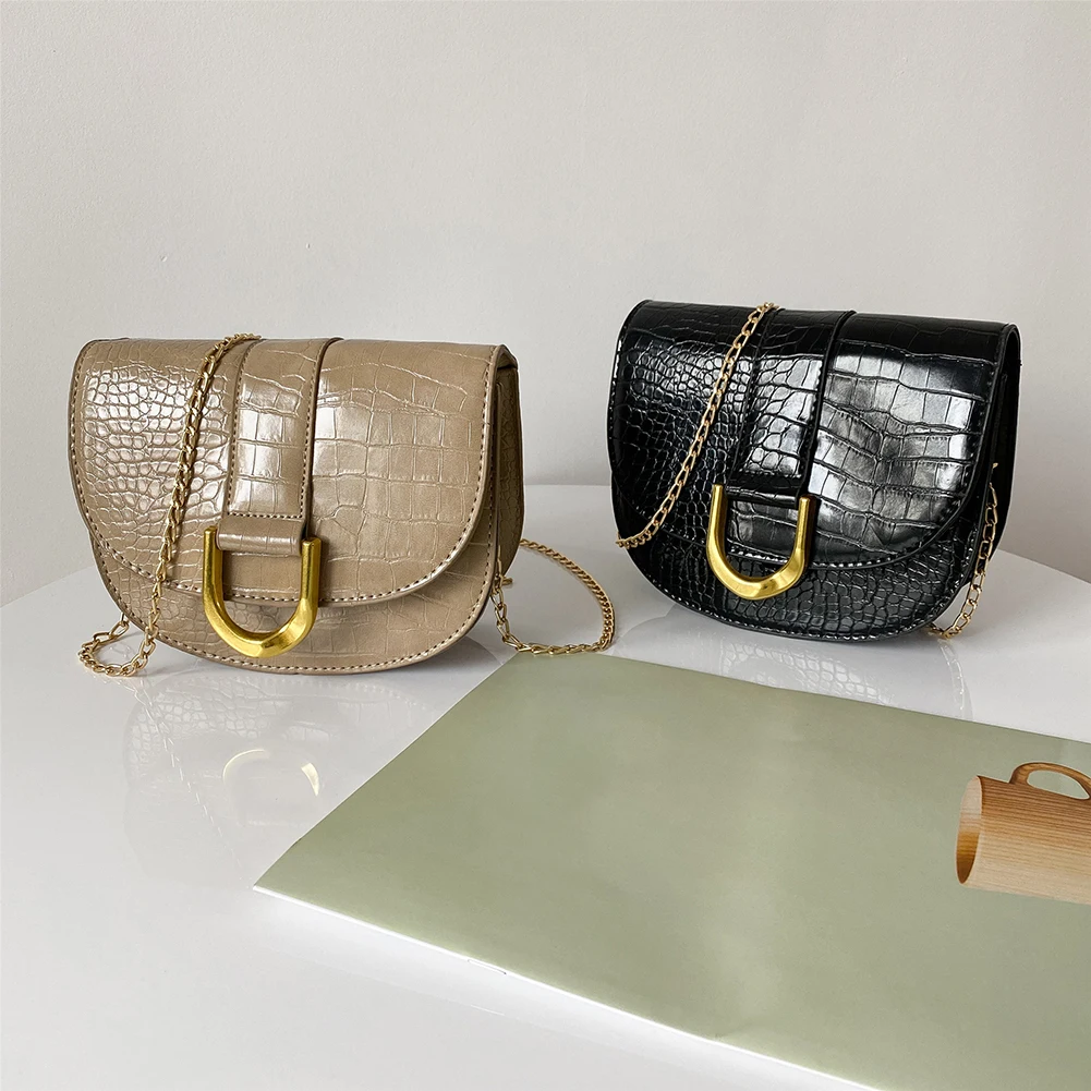 

Retro Female Saddle Shoulder Bag Alligator Pattern Flap PU Leather Pure Color Crossbody Bags for Shopping Traveling