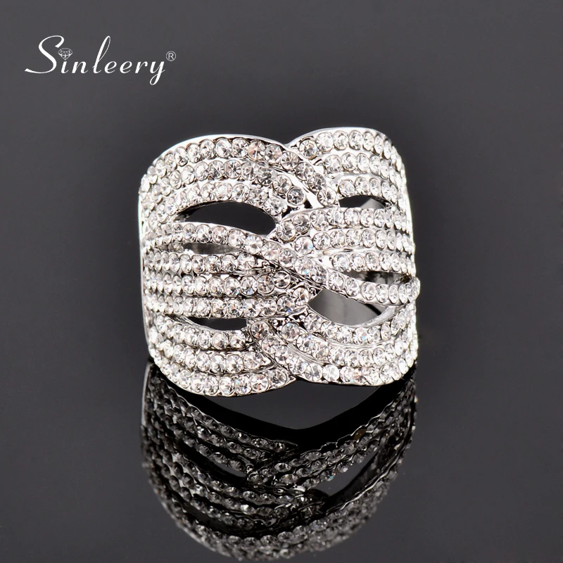 

SINLEERY Luxury Full Cubic Zirconia Female Big Rings For Women Silver Color Party Wedding Jewelry JZ491 SSF
