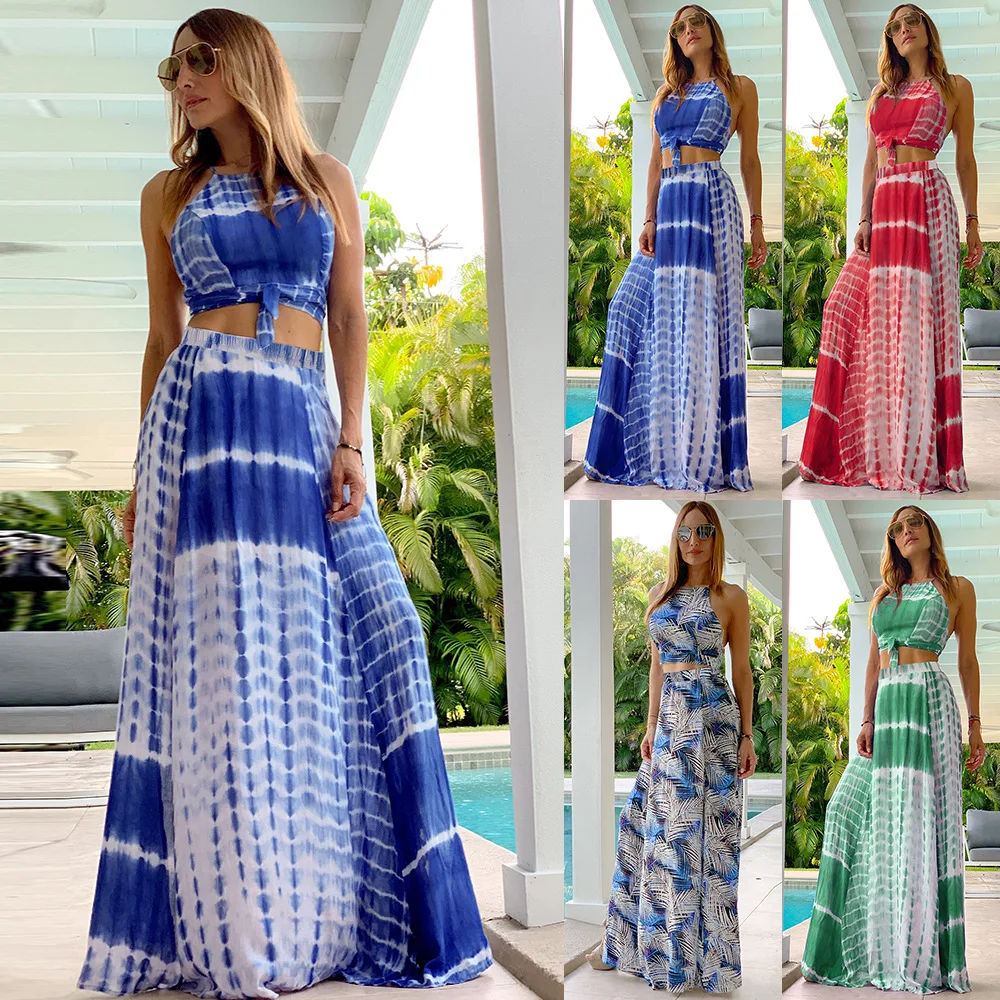 

Women Sexy Two-piece Clothes Set Tie-dyed/ Leaves Printed Pattern Camisole and Big Hem Long Skirt Dress