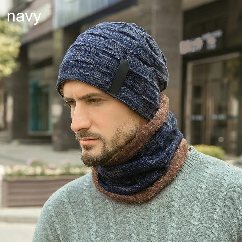 navy Горячая Skullies Beanies кольцо для Шляпы шарф из двух частей теплая зимняя шапка плюс бархатная Толстая шерстяная шапка для мужчин мягкая эластичная шапка мужские головные уборы - Цвет: navy