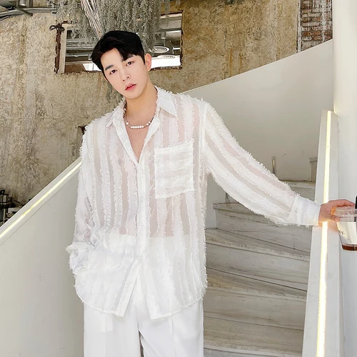 

2021 See Through Long Sleeve Loose Casual Shirt Male Streetwear Dress Shirts Tops Sun Protection Jacket Nightclub Clothing Man