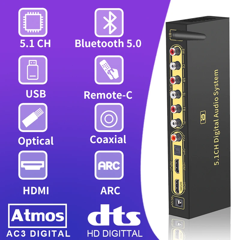 

HD820B 5.1CH Audio Converter Decoder Bluethooth 5.0 Receiver DAC HDMI-compatible ARC SPDIF Coaxial DTSHD AC3 FLAC APE 4K 192khz