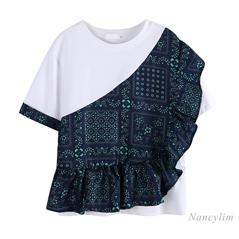 

Irregular Pattern Print Patchwork Ruffled Short Sleeve T Shirt for Women 2021 Summer Korean Style Loose Female Short Tops