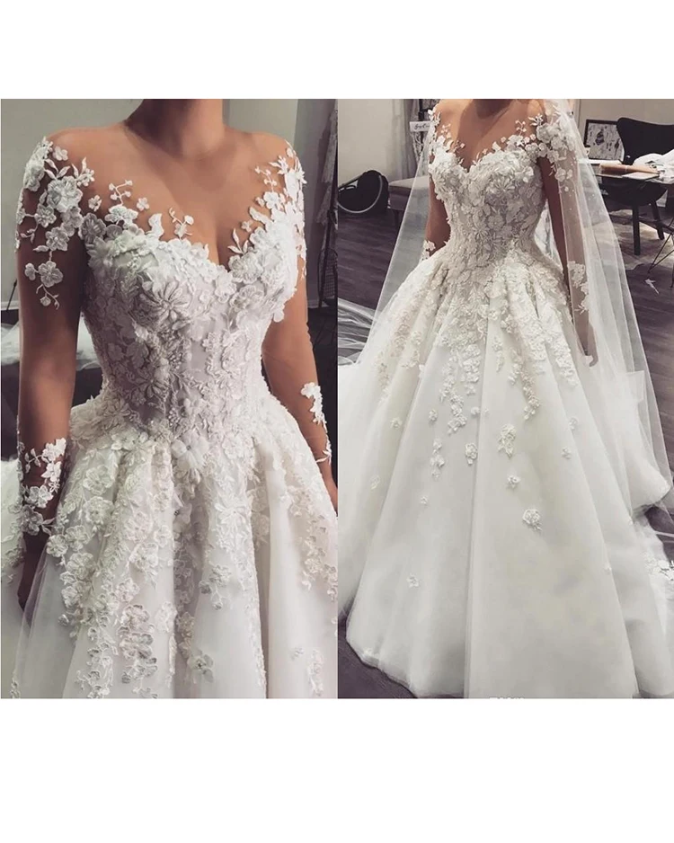 

Luxury Arabic A-Line Wedding Dress Princess Robe De Mariee 3d Flowers Beaded Appliques Wedding Gowns For Bride With Long Sleeves