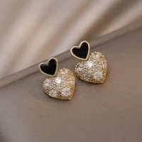 new design fashion jewelry exquisite copper inlaid zircon double love earrings sweet black dripping oil womens accessories