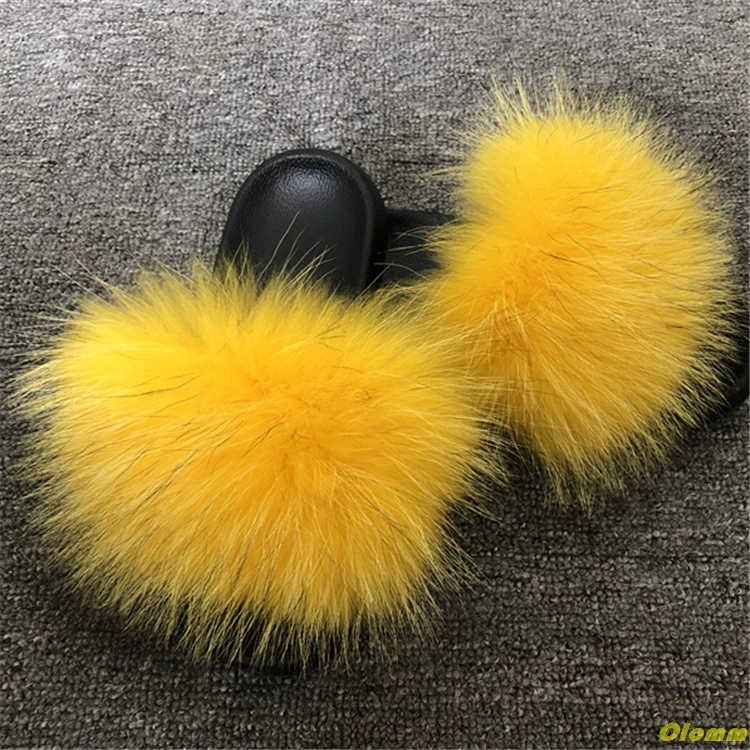 Шлепанцы с натуральным лисьим мехом большие размеры Летние пушистые шлепанцы