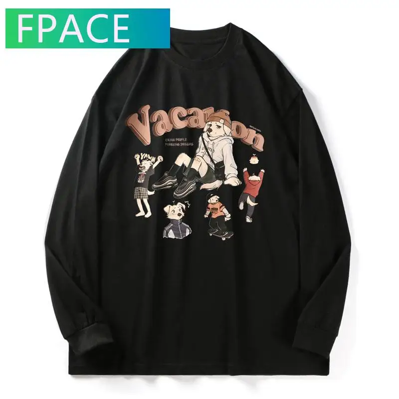 

FPACE Long Sleeve Tshirts Japanese Anime Cartoon Animal Dogs Print Tees Shirts Streetwear Hip Hop Harajuku Casual Cotton Tops
