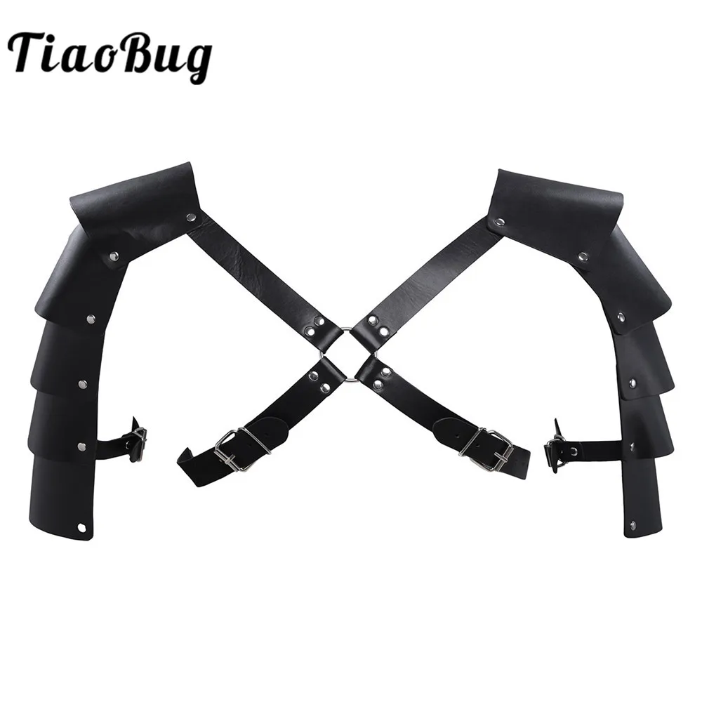 

TiaoBug Men Black Faux Leather Adjustable Body Chest Harness with Shoulder Armors Medieval Warrior Cosplay Costume Accessories