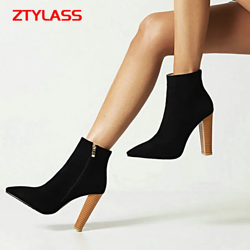 

Ботильоны женские из искусственной замши на молнии, модные короткие сапоги на высоком устойчивом каблуке, заостренный носок, черные бежевы...