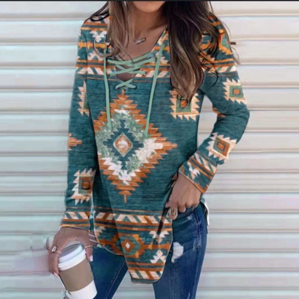 

Women Printed V-Neck Lace Up T-Shirt Long Sleeve Mid Length Loose Jersey Pullover Casual Tops Spring&Autumn Fashion Clothes