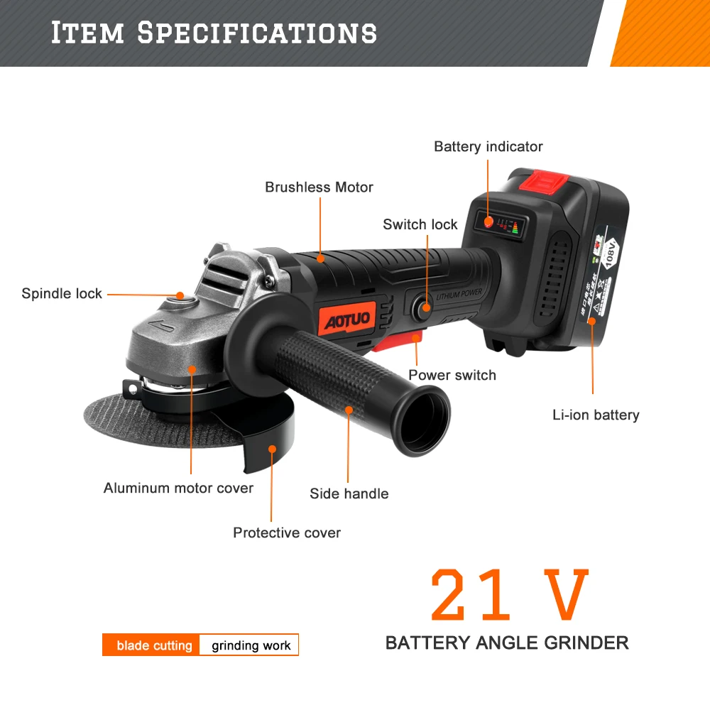 Беспроводная угловая шлифовальная машина 21 в 4000 мАч литий-ионная режущая