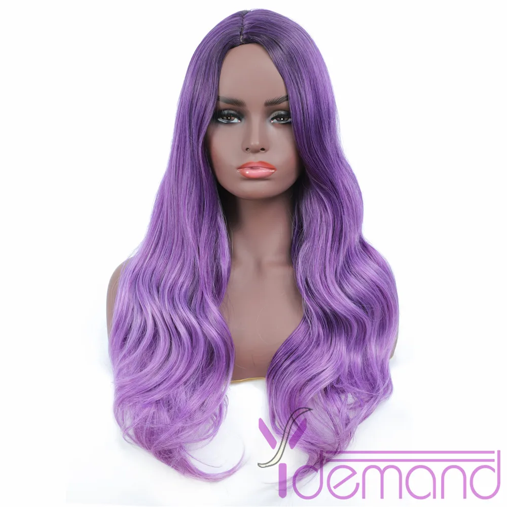 

Y Demand Long Wave Hair Wigs 1B Light Purple-Ombre Wig Synthetic Hair Colored For Black Women Preplucked