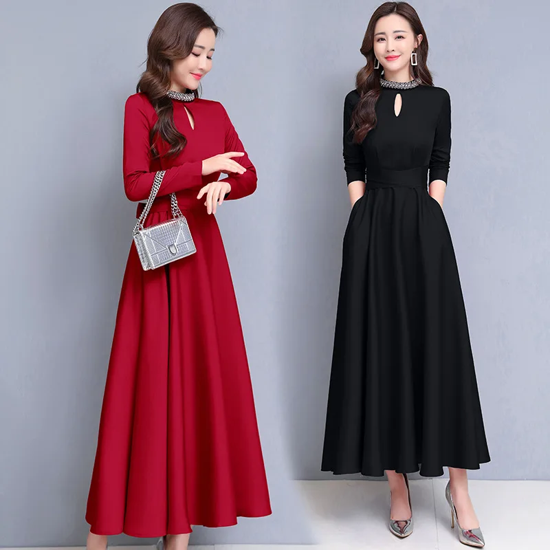 

Real shot 2021 spring new temperament waist slim slimming knee lace collar solid color dress