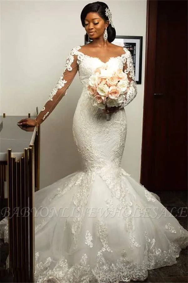 Illusion Long Sleeve Mermaid Wedding Dresses 2020 Vestido De Novia Jewel Neck Lace Applique Trumpet African Bridal Gown | Свадьбы и