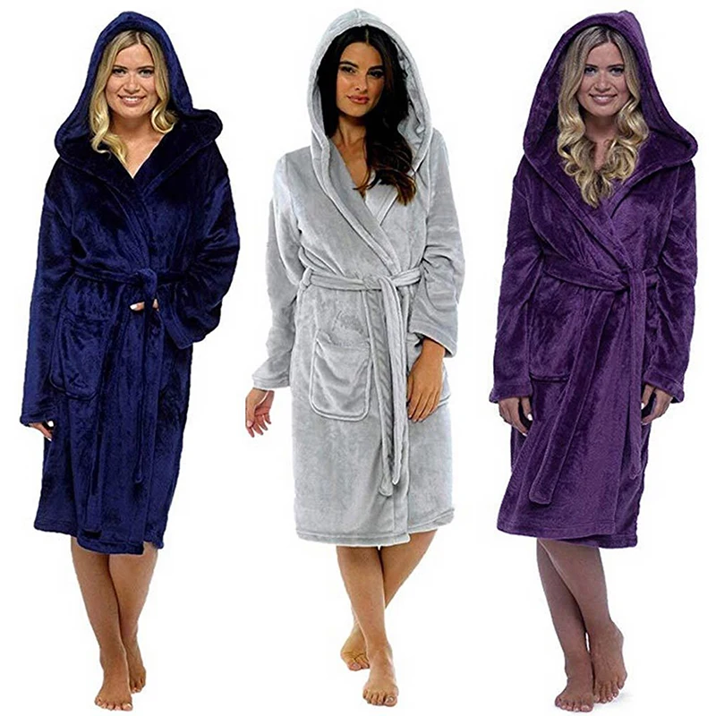 

Plush Bathrobe Women Warm Hooded Robe Ladies Casual Flannel Kimono Bath Robes Dressing Gowns Bathrobe Pijama Mujer