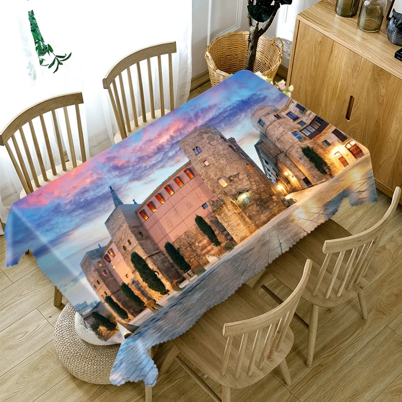 

3D European Architecture Castle Tablecloth Dustproof Thicken Cotton Rectangular/Round Table Cloth for Wedding Picnic Party