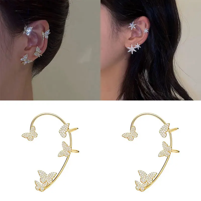 

Stylish Gold Plated Metal Ear Bone Clip Sweet Exquisite Sparkling Zircon Butterfly Ear Cuff Clip Simple French Style Jewelry