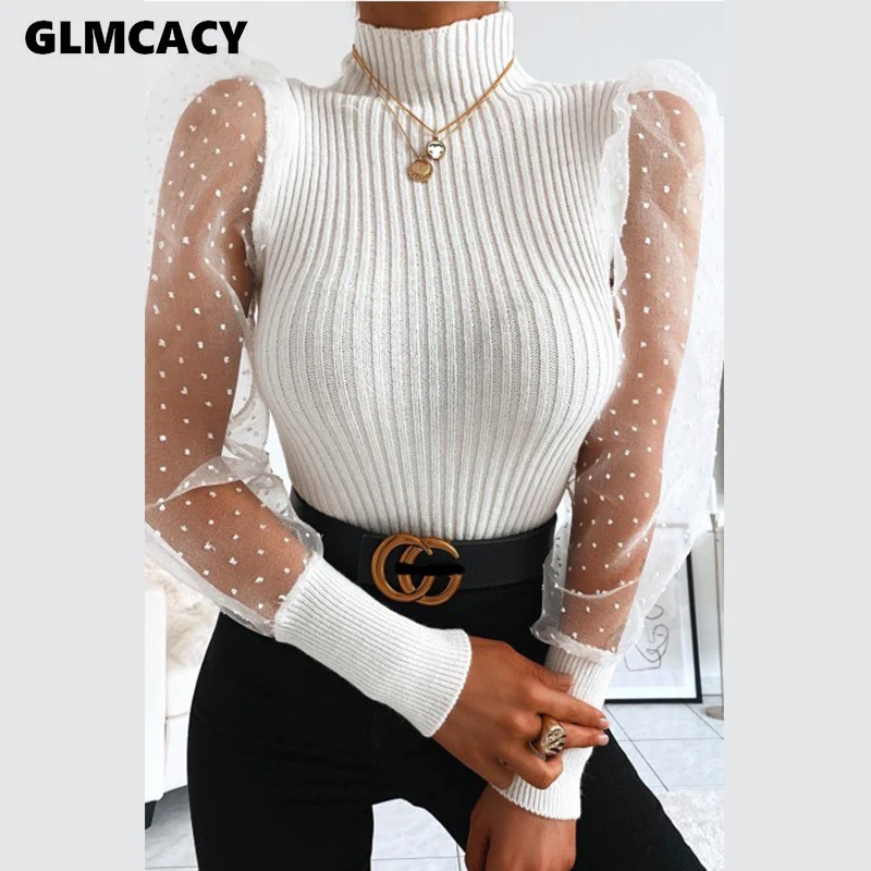 Женские вязаные топы в горошек с сетчатым рукавом пуловер круглым вырезом